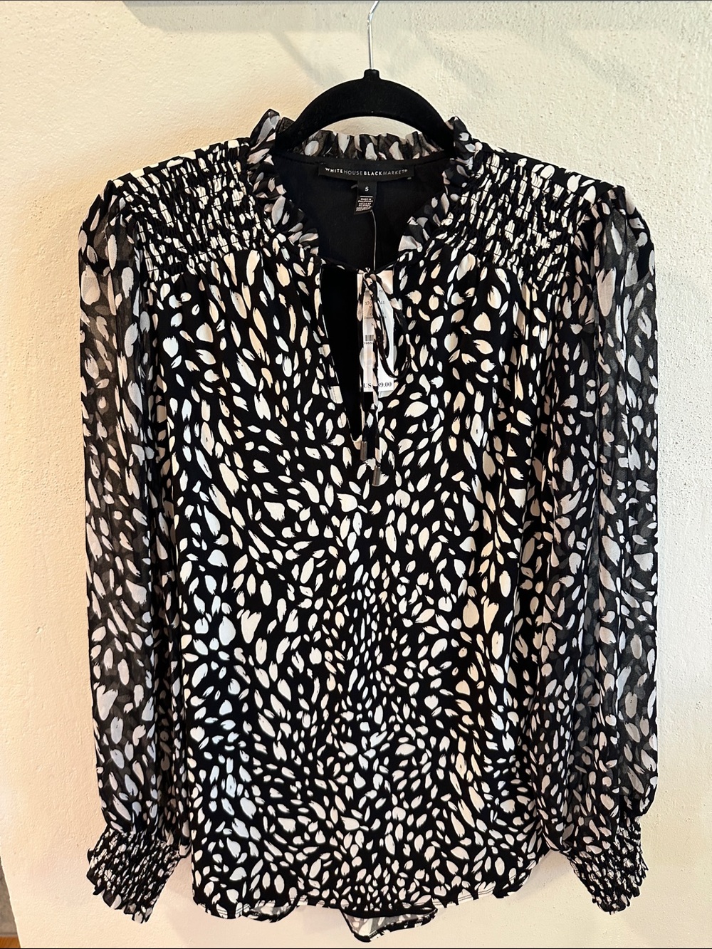 White House Black Market black, and white, long, sleeved blouse, sheer sleeves S